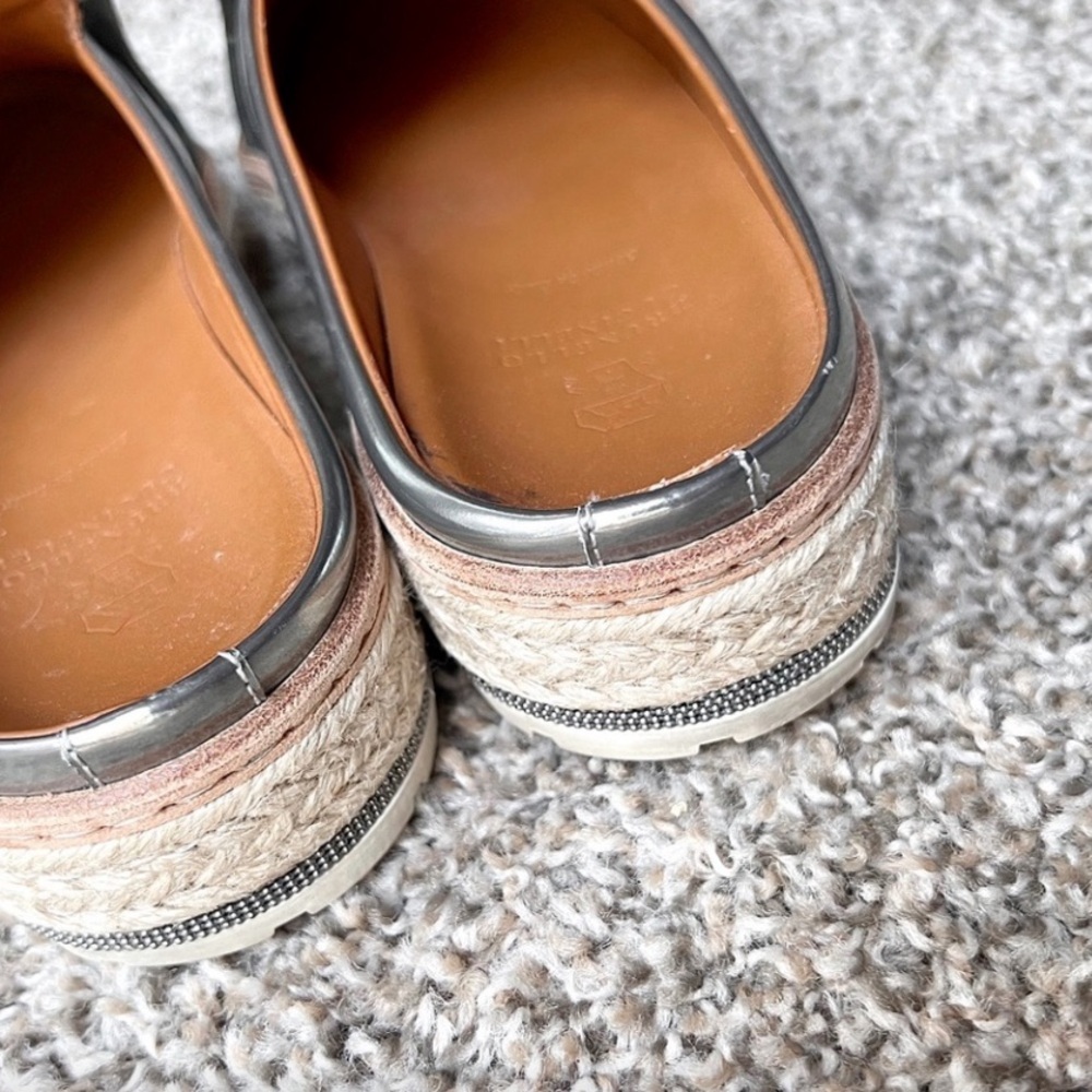 Brunello Cucinelli Metallic Leather Platform w Monili Trim Mule Espadrilles - Picture 8 of 12
